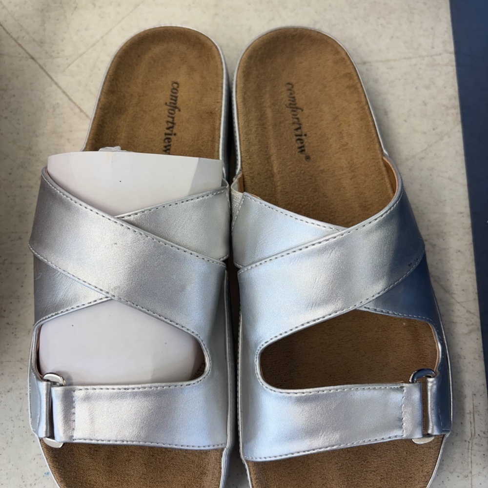 Comfortview Silver Crisscross Slide Sandals | Size 8.5 | NWT​​